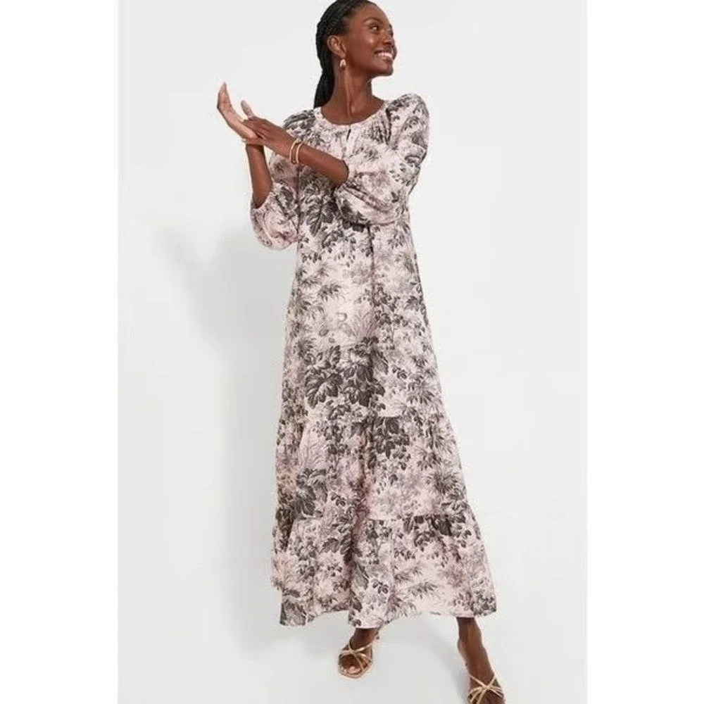 Tuckernuck Pressed Powder Toile Lyles Dress Pink Gray Puff Sleeve Tiered NWT M - Picture 4 of 10